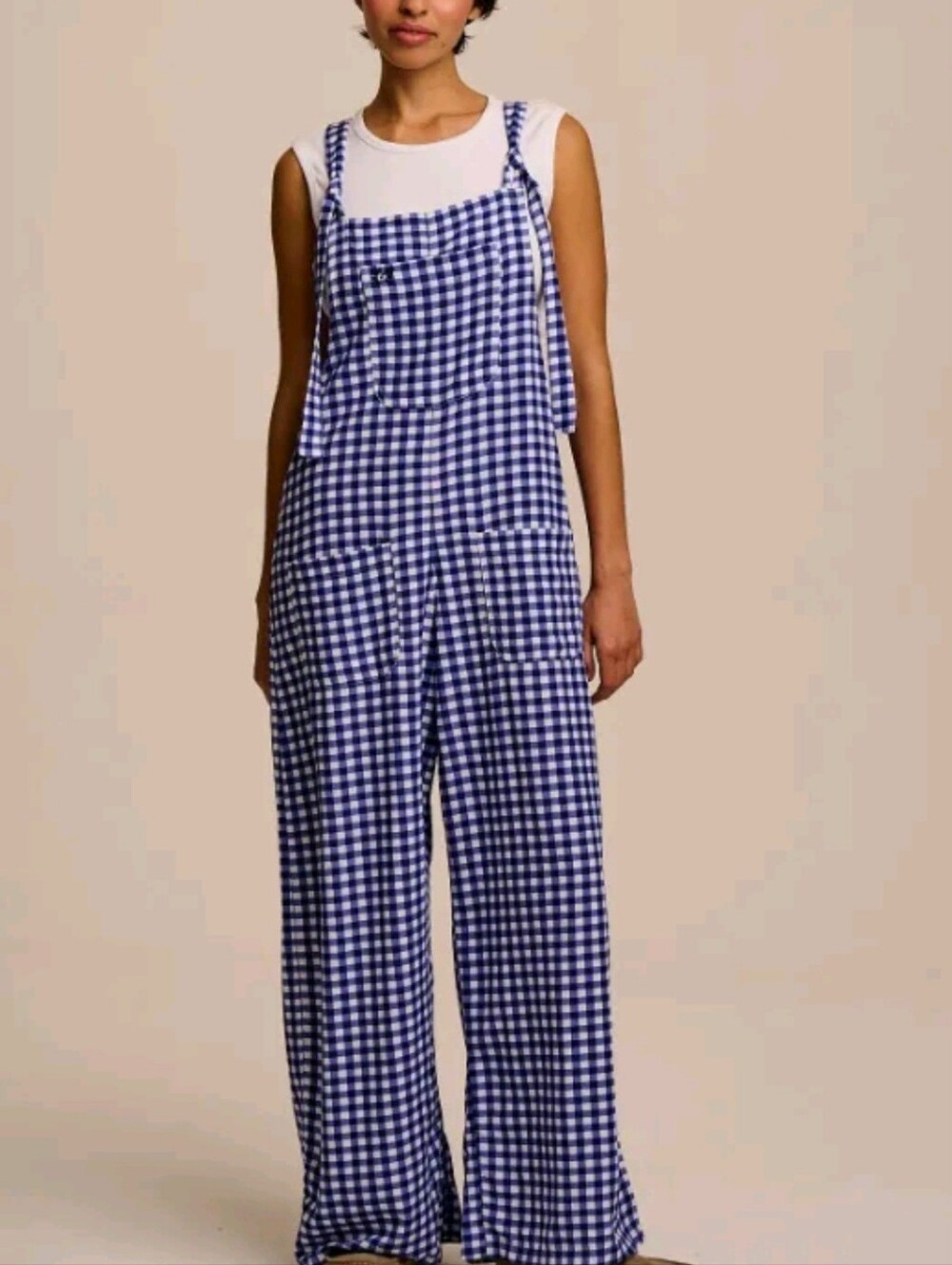 Lucy & Yak - Wide Leg Dungarees in Blue Gingham Check Size UK 16R
